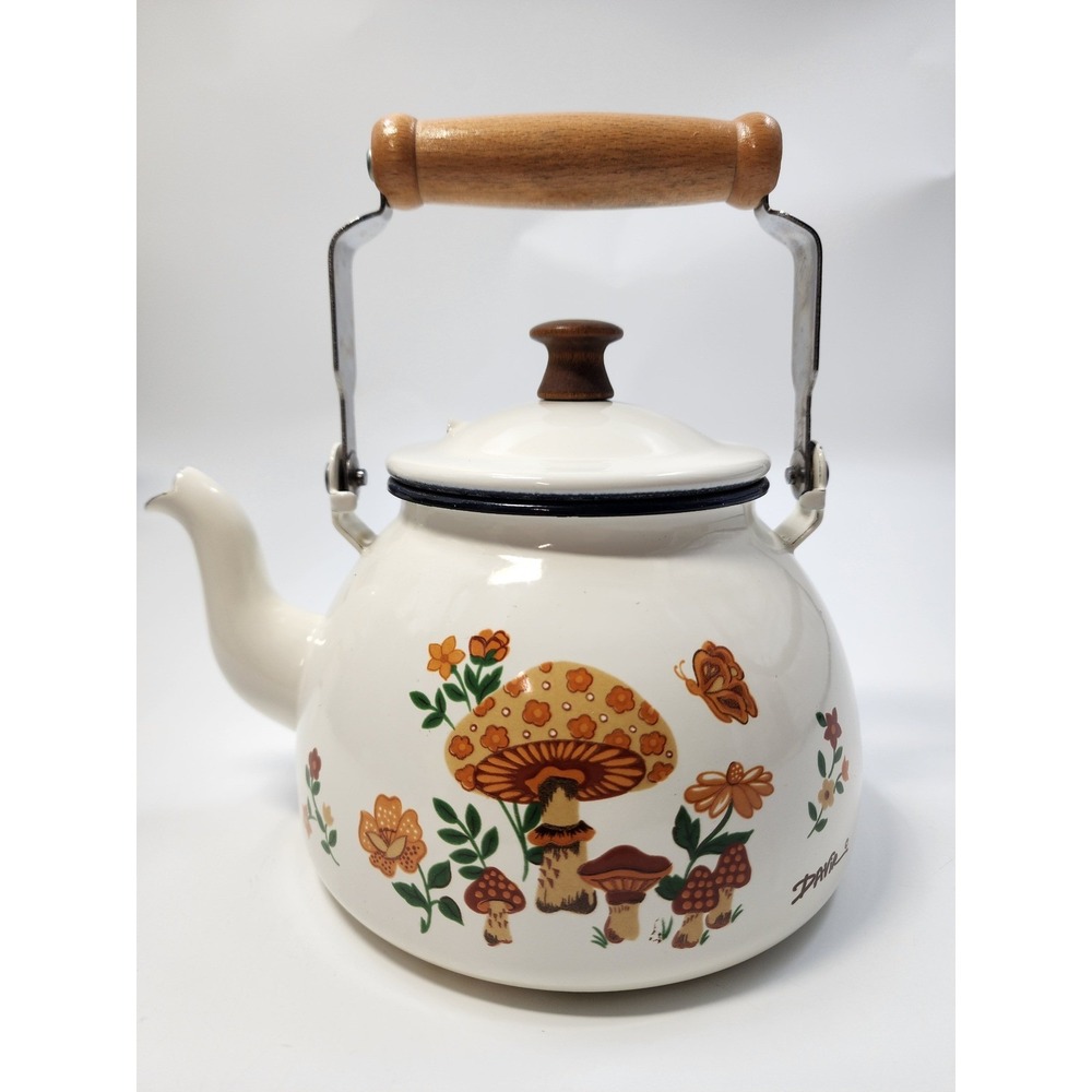 Vintage Davis Enamel Tea Kettle Mushroom Butterfly Retro Cottagecore White Wood